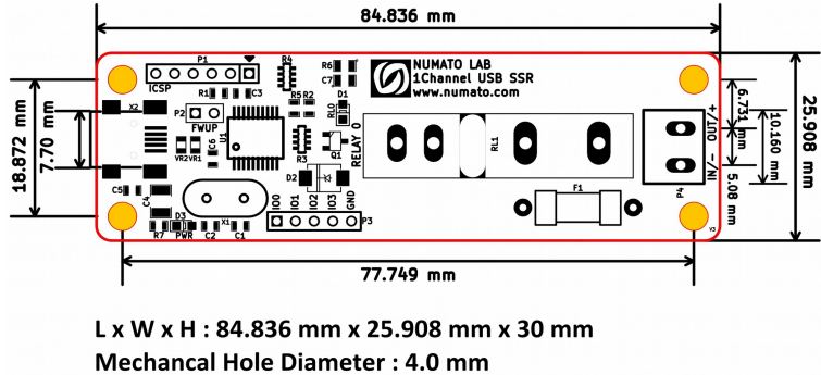 1 Channel USB SS Relay Module Physical Dimensions