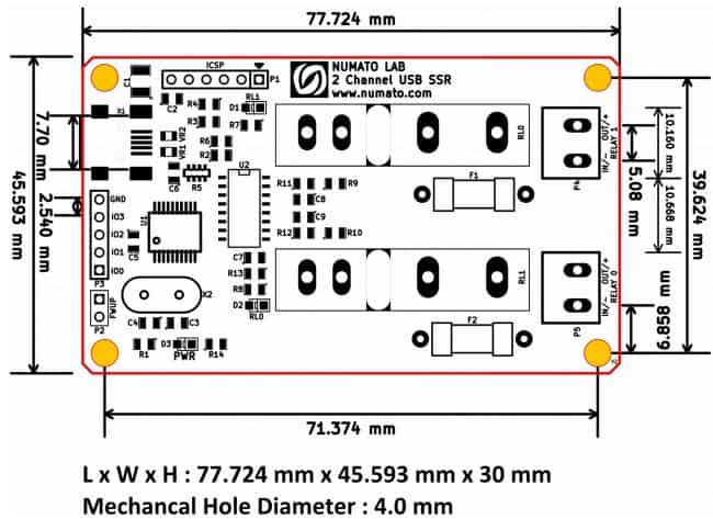 2 Channel USB SS Relay Module Physical Dimensions