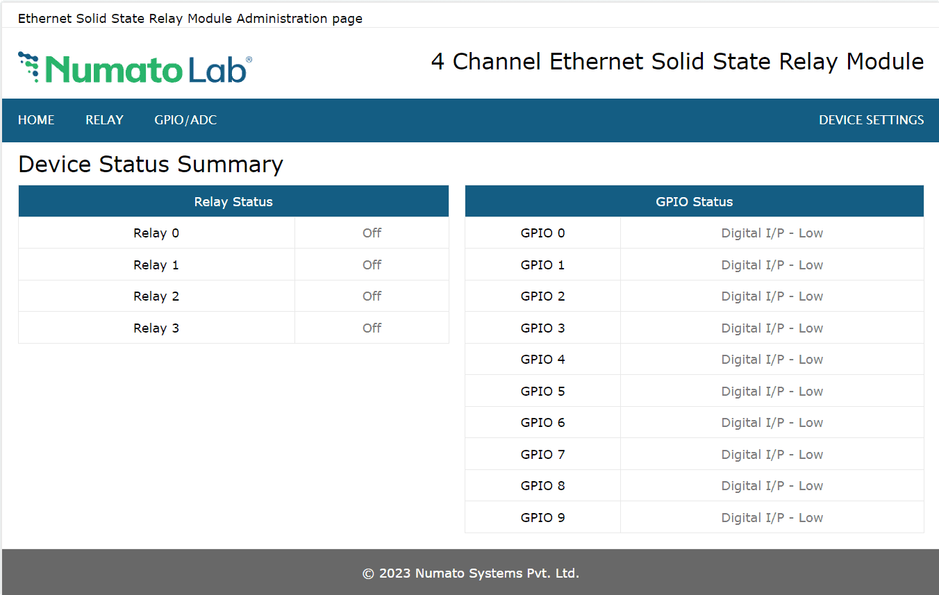 8 Channel Ethernet SS Relay Module device status summary
