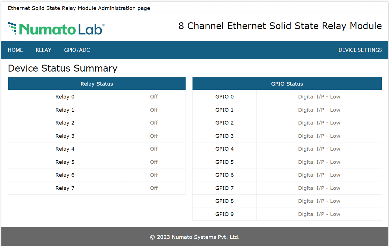 8 Channel Ethernet SS Relay Module device status summary