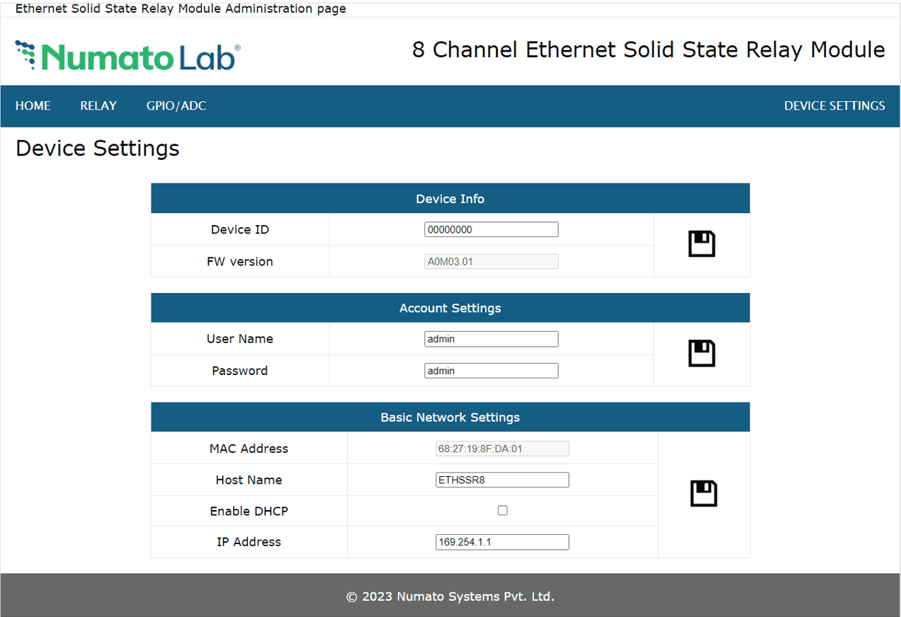 8 Channel Ethernet SS Device Settings