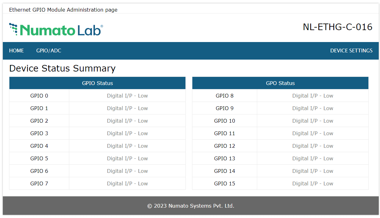 8 Channel Ethernet SS Relay Module device status summary
